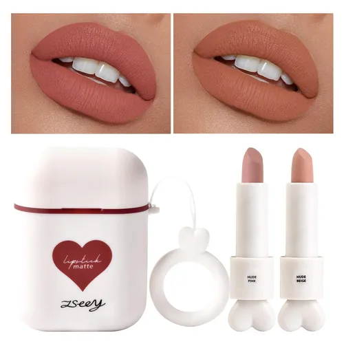 Miniatura 11 de Juego de 2 lápices de labios mate, a prueba de agua, acabado terciopelo de larga duración, humectante, para labios, doble color, brillo de labios