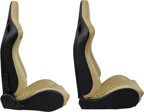 Miniatura 3 de IKON MOTORSPORTS, Asientos universales para vehículos de carreras con deslizadores dobles, asientos deportivos reclinables de cuero PU beige + cuero