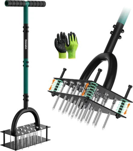 Grenebo Aireador manual de césped con 16 picos, aireador de césped de metal para patio, aireación de césped, eyección automática de suelo,