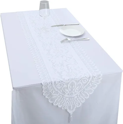 Miniatura 19 de rockcloud Camino de mesa de encaje para decoración de banquetes de boda, decoración de mesa de fiesta de Navidad, blanco, 13 x 70 pulgadas White E