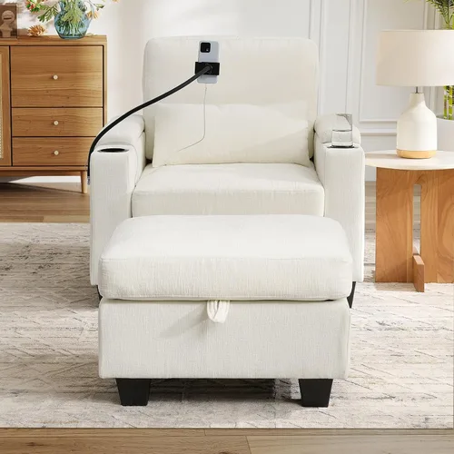 Miniatura 7 de Chaise Lounge Chair para interiores con puerto USB y soporte para teléfono, sillón reclinable pequeño de felpilla con otomana de almacenamiento