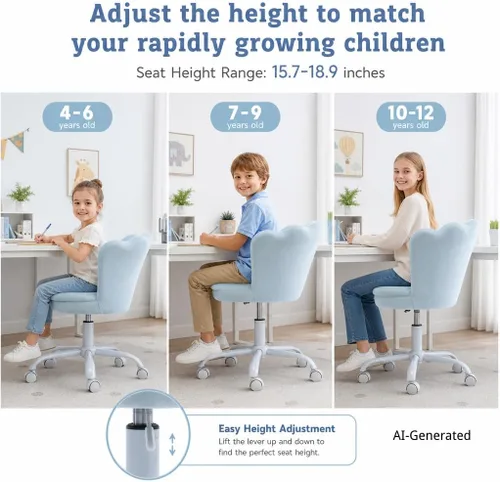 Miniatura 4 de Silla de escritorio de terciopelo para niños, silla ergonómica ajustable para computadora con ruedas, bonita silla tapizada, sillas giratorias