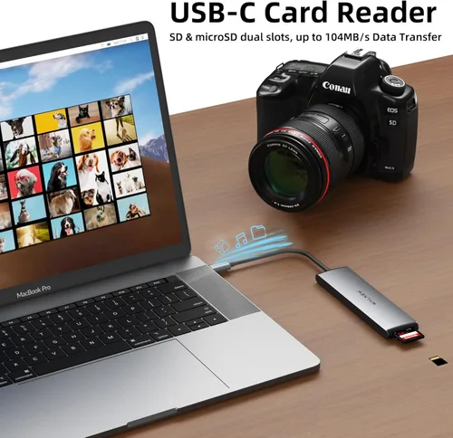 Miniatura 5 de Hub USB C, WALNEW 7 en 1, estación de acoplamiento USB-C con HDMI 4K, 100 W PD, 3 puertos de datos de 5 Gbps (1 USBC y 2 USB 3.0), lector de Gris