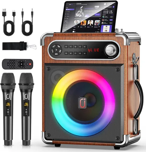 Miniatura 10 de Máquina de karaoke con 2 micrófonos inalámbricos, woofer mejorado de 6.5 pulgadas y tweeter de 2 pulgadas: altavoz de karaoke portátil Bluetooth
