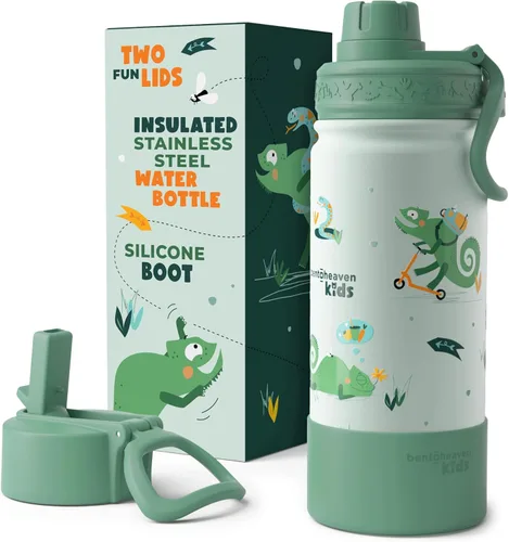 Miniatura 12 de Bentoheaven Botella de agua para niños de acero inoxidable para niños y niñas, 2 tapas (pico y pajita), asa y bota de silicona, vaso aislado