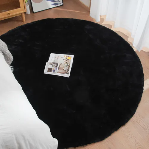 Miniatura 4 de ORINOVA Alfombra de piel peluda de conejo negro para dormitorio, alfombra circular lavable para sala de estar, alfombra redonda pequeña de 3 pies