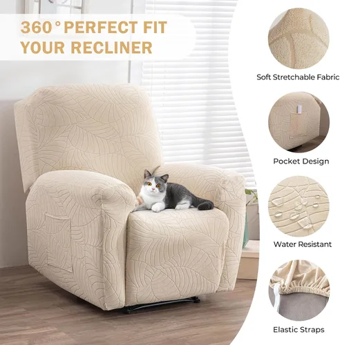 Miniatura 4 de vctops Funda repelente al agua para silla reclinable de 4 piezas con bolsillo lateral, diseño de hojas de jacquard, elástica, suave, protector