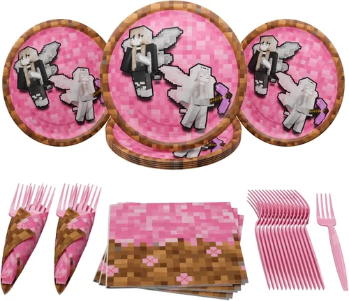 Suministros de fiesta de Pixel Girl Value (64 piezas para 20 invitados) - Suministros de fiesta de videojuegos para niñas, decoraciones de