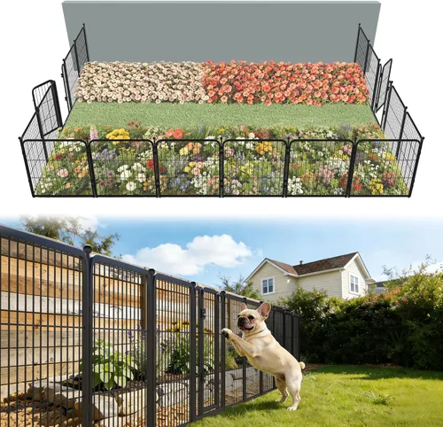 FXW - Valla de jardín metálica y resistente para exteriores, barrera para perros y conejos, fácil instalación, negro, 24 pulgadas de alto x 29.6