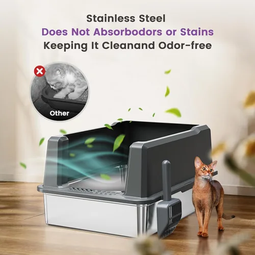 Miniatura 4 de Caja de arena XXXL de acero inoxidable para gatos con lados altos, 28" L x 20" A x 14" Al, caja de arena extra grande para gatos grandes y múltiples