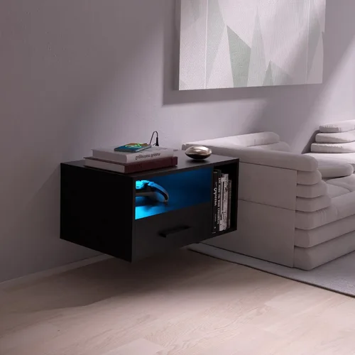 Miniatura 7 de Mesita de noche flotante con estación de carga y tiras de luz LED, mesita de noche de 21.3 pulgadas con cajones, mesita de noche flotante