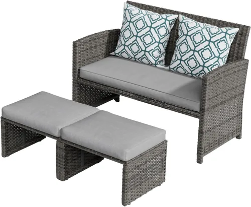 Miniatura 9 de OC Orange-Casual - Juego de muebles de patio, 3 piezas de sofá seccional de mimbre para exteriores con otomanos para el porche, ratán gris