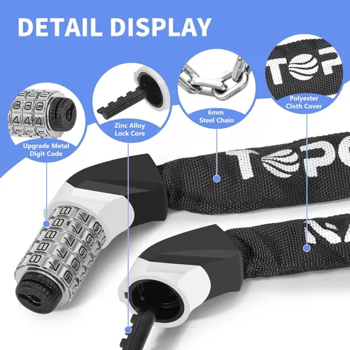 Miniatura 4 de Topcrown Cerradura de cadena para bicicleta, diales digitales de metal mejorados, 3.2 pies de largo, alta seguridad, resistente, antirrobo