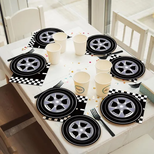 Miniatura 5 de Kepeel Juego de 200 platos y servilletas para fiesta de autos de carreras, suministros y decoraciones para fiesta de pista de carreras de autos