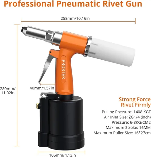 Miniatura 3 de Pistola remachadora neumática hidráulica Proster de 2,4 a 4,8 mm, tamaños 3/16", 3/32", 1/8", 5/32", capacidad de 500 piezas Naranja