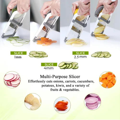 Miniatura 5 de Cortadora de mandolina para cocina, cuchillas ajustables de acero inoxidable, con agarre cómodo, cortador de verduras para pepino pequeño a mediano