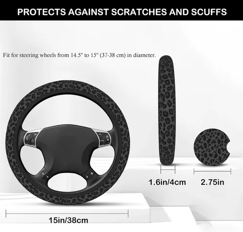 Miniatura 6 de KARREAL Funda de volante con estampado de leopardo negro y 2 piezas de posavasos para automóvil, material de goma de neopreno, accesorios