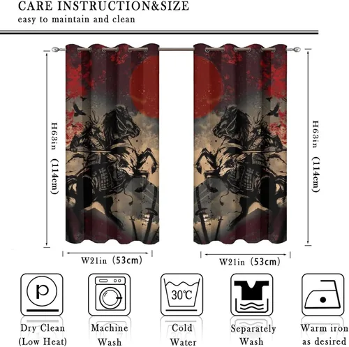 Miniatura 2 de Cortinas opacas abstractas japonesas samuráis para dormitorio, caballo samurái rústico, rojo, ojal, aislamiento térmico, cortinas de oscurecimiento