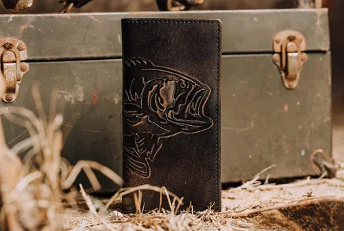 Miniatura 3 de HoJ Co. BASS FISH Cartera larga para hombre Cuero de grano completo con acabado pulido a mano Cartera larga plegable Cartera Rodeo Regalo