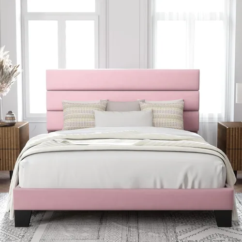 Miniatura 10 de Allewie - Base de cama de plataforma matrimonial con cabecera tapizada de tela y soporte de listones de madera, base de colchón totalmente tapizada