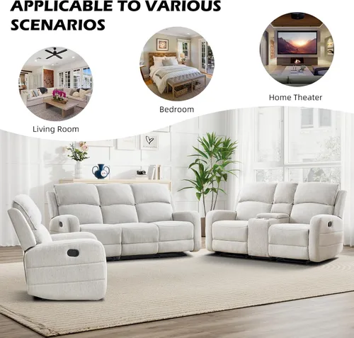 Miniatura 6 de EBELLO Juego de sofá reclinable manual para sala de estar, sofá reclinable de tela suave para sala de reuniones, respaldo y apoyabrazos acolchados