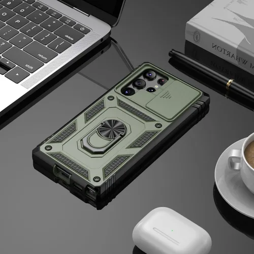 Miniatura 5 de PASNEW Funda para Samsung Galaxy S22 Ultra 5G, cubierta de cámara deslizante y soporte de dedo de metal de 360°, carcasa rígida protectora Verde
