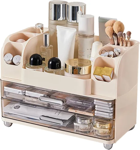 Ceruaxb Organizador grande de maquillaje para tocador, almacenamiento de maquillaje de baño con soporte para cepillos, vitrina de cosméticos con 2