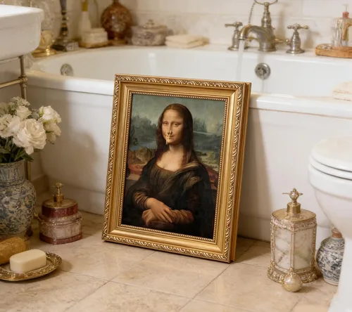 Miniatura 2 de Pintura clásica de Mona Lisa enmarcada en oro, arte de pared de baño, póster divertido de humor divertido para baño, impresión en lienzo de baño