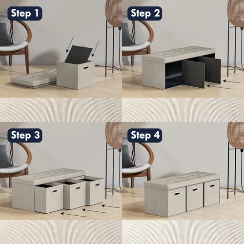 Miniatura 7 de Ornavo Home Otomana de Almacenamiento con 3 Cajones, 40 Pulgadas de Largo, Plegable, Acolchada, de Lino, Banco Otomana Grande con Almacenamiento