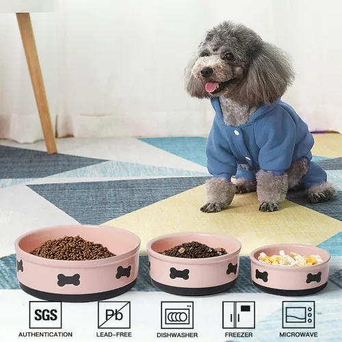 Miniatura 2 de Sweejar Cuencos de cerámica para perros con patrón de huesos, plato de comida para perros pequeños, cuenco de porcelana para agua de 16 onzas Rosa