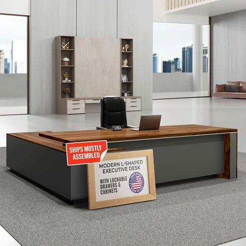 OfficeSimpli L Shaped Executive Desk with Drawers - 64x63x30 Inch - Made in USA - Ship Mostly Assembled - Home Office Workstation, Business