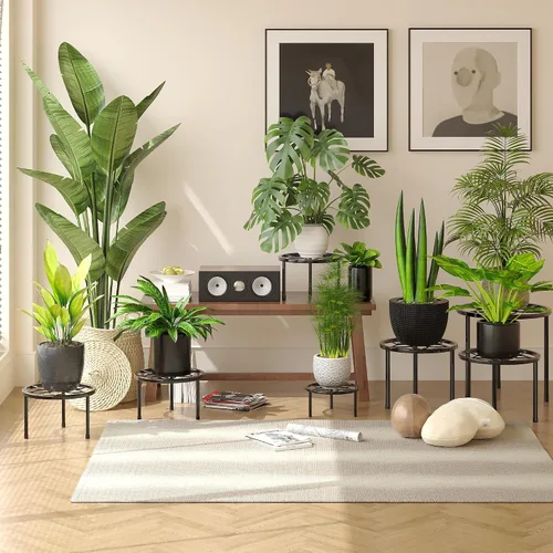Miniatura 2 de VECELO Juego de 5 soportes de metal para plantas, soporte para macetas de alta resistencia, soporte redondo para plantas, color negro