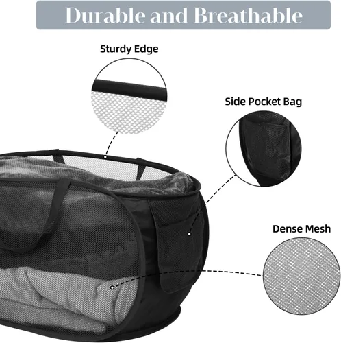 Miniatura 4 de Cestas de lavandería plegables duraderas, cesta de lavandería desplegable de malla con bolsillo lateral, cesta de ropa plegable con asas de 2 x negro