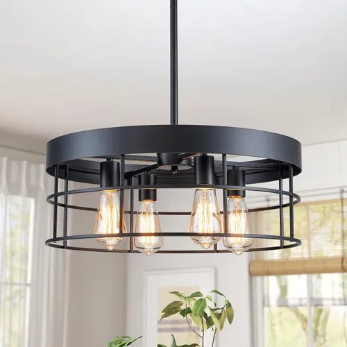 Miniatura 11 de Candelabro industrial de granja de 19.7 pulgadas, 4 luces, estilo rústico, con textura de grano de madera y pantalla de metal negro para comedor