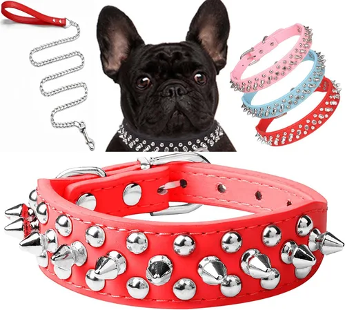 Miniatura 23 de Serijoars Collar para perro con clavos, de piel sintética suave con remaches de hongos, collar ajustable para cachorros (L, Rojo)
