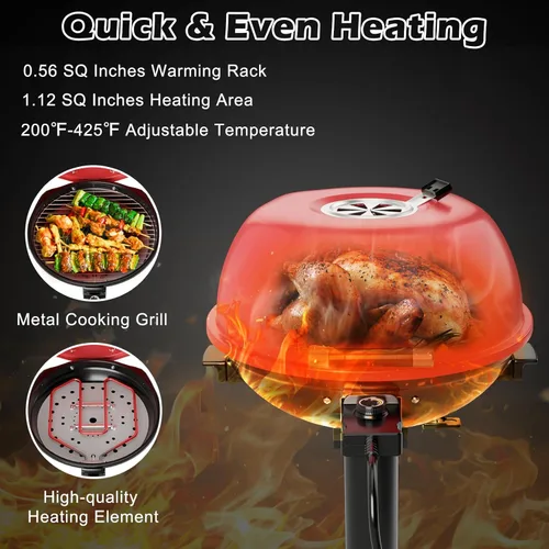Miniatura 2 de ARLIME Parrilla eléctrica al aire libre de 1600 W, parrilla de barbacoa con estante de calentamiento para 15 porciones, temperatura ajustable, Rojo