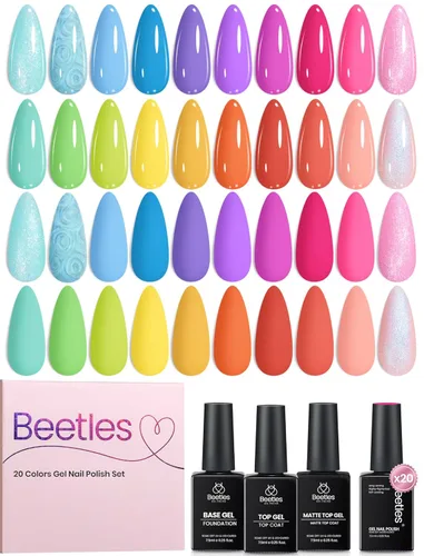 Miniatura 16 de Beetles - Set de 20 esmaltes de gel p/decoración de uñas, colección Fall Yard, purpurina naranja/marrón/rojo/azul marino, semipermanente, LED c/capa