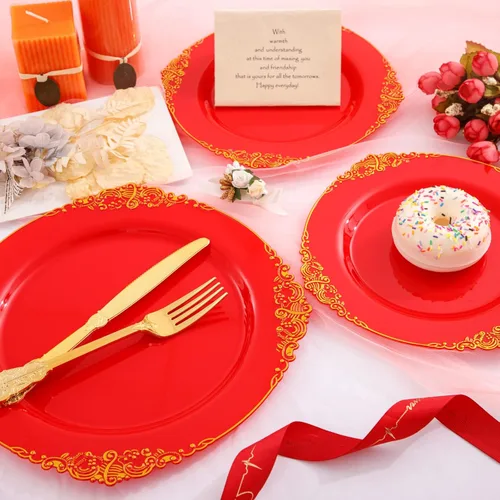 Miniatura 3 de Morejoy 175 platos de plástico rojo, platos desechables rojos con borde dorado, juego de vajilla de plástico rojo y dorado incluye: 50 platos, 25