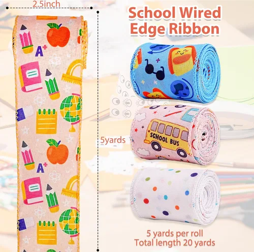 Miniatura 2 de 4 rollos de cinta escolar de 20 yardas de cinta con borde con alambre para envolver regalos, decoración de fiestas, manualidades, envoltura de lazo