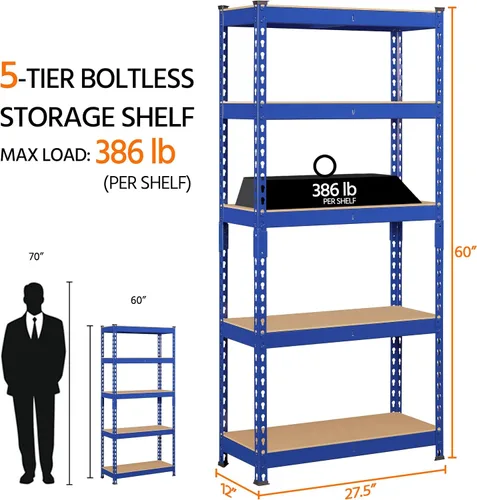 Miniatura 3 de Topeakmart Estantes utilitarios de 5 niveles, estantes de almacenamiento de metal, estanterías ajustables, montaje sin tornillos, estantes de Azul