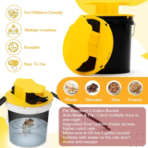 Miniatura 4 de Qualirey Trampa para ratones con tapa de balde de 5 galones, trampas reutilizables para ratones y ratas, trampas para ratones y ratas, trampas