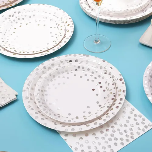 Miniatura 4 de Platos de papel plateado y servilletas para fiestas, platos blancos y plateados para 24, 168 piezas de decoraciones de fiesta plateadas para boda