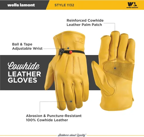 Miniatura 2 de Wells Lamont Work Gloves Men and Women, Cowhide Leather Work Gloves, Adjustable Wrist
