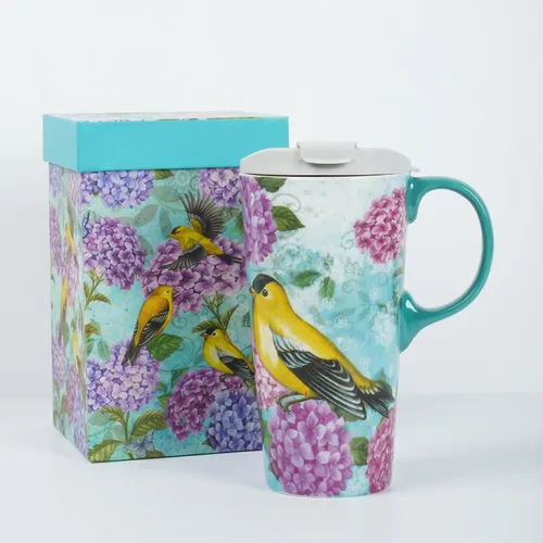 Taza de viaje de cerámica de hortensia de jilguero de 17 onzas con tapa, taza de café floral de pájaro verde azulado con caja de regalo, taza de té