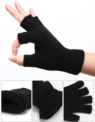 Miniatura 3 de SATINIOR 2 pares de guantes unisex de medio dedo de invierno elásticos de punto sin dedos en tamaño común