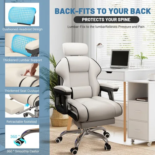 Miniatura 4 de Silla ejecutiva para computadora, silla de escritorio para oficina en casa, ángulo ajustable, ergonómica, de altura ajustable, sillas de piel Blanco