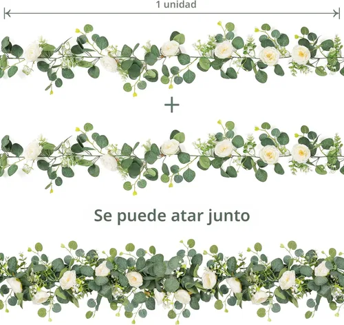 Miniatura 5 de TOCHGREEN Paquete de 4 Guirnaldas de Flores de Eucalipto Artificial con Rosas Blancas, Guirnalda de Flores de Rosa Falsa Vegetación Enredaderas