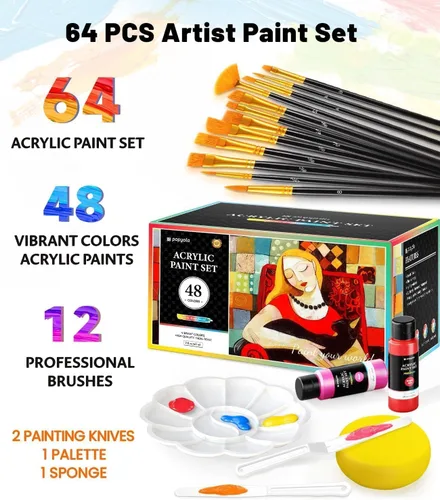 Miniatura 2 de Juego de 64 pinturas acrílicas con 12 pinceles, 2 cuchillos y paleta, 48 colores (2oz/60ml) Pintura artesanal para adultos, niños, artistas
