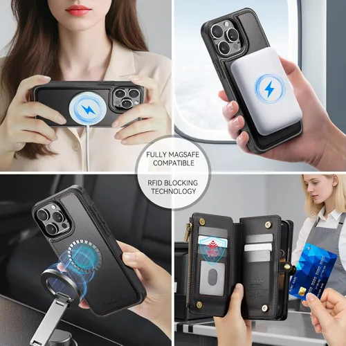 Miniatura 4 de Defencase Funda magnética para iPhone 13 Pro compatible con Magsafe con bloqueo RFID, correa de cremallera y tarjetero para mujer, funda de piel