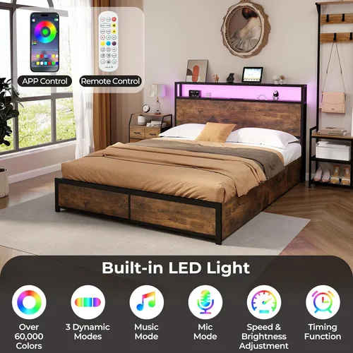 Miniatura 4 de Giantex Base de cama Queen con cabecero de luces LED y 4 cajones de almacenamiento, plataforma de metal con enchufes y puertos USB, estación